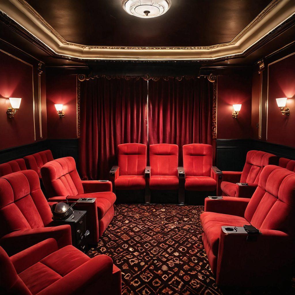 A tempting vintage cinema setting with plush red velvet seats and a classic projector casting enticing silhouettes of playful figures. Soft, warm lighting enhances the atmosphere, while subtle hints of modern technology, like a smartphone, peek from the seats. Include an elegant marquee that reads 'Unlocking Pleasure'. A stylish, sensual vibe with alluring patterns in the background. super-realistic. rich colors. warm tones.
