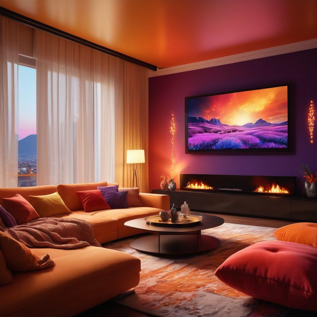 A seductive and enticing scene featuring a comfortable living room setting with a large screen displaying vibrant streaming visuals, plush seating, and mood lighting. Include abstract shapes and silhouettes that suggest fun and exploration, along with elements like popcorn and a cozy blanket. Create an atmosphere of relaxed indulgence and excitement, appealing to adult viewers. super-realistic. vibrant colors. soft lighting.