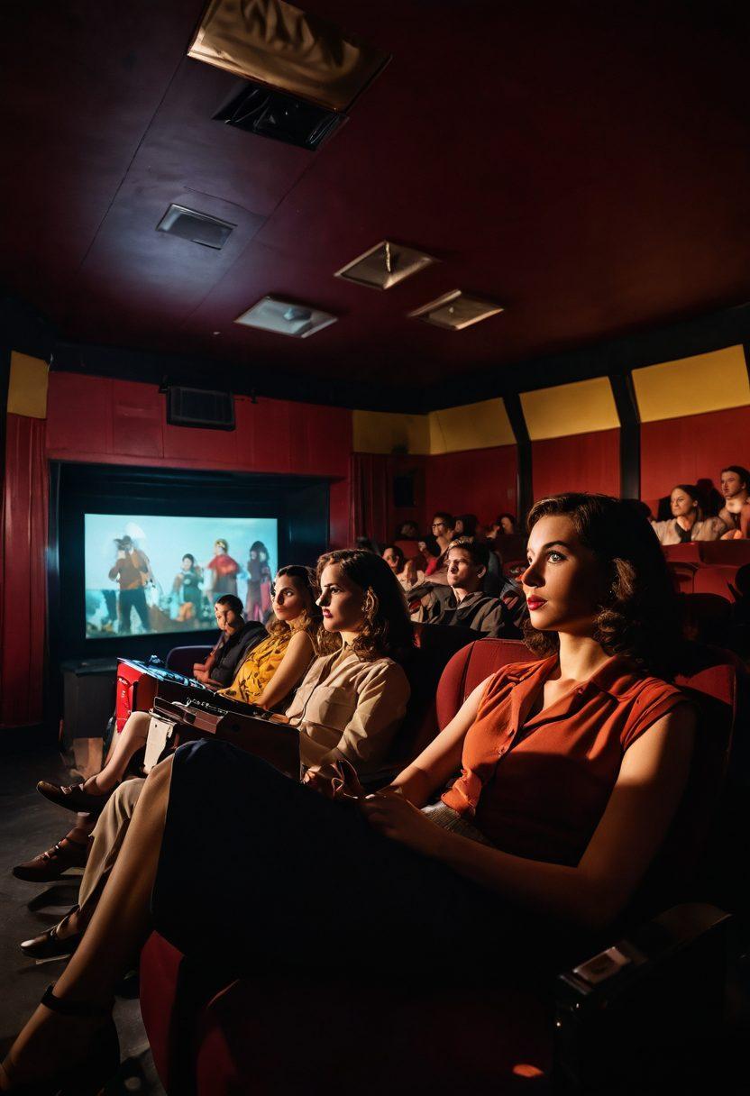 A dimly-lit cinema hall filled with playful shadows, featuring a vintage film projector casting vibrant, raunchy film scenes onto a large screen. The audience, a diverse group of intrigued viewers, displays a mix of surprise and laughter, engaging with the content. The atmosphere is lively and inviting, capturing the essence of exploration in uncensored entertainment. The overall color palette is rich and warm, enhancing the excitement of the film experience. retro style. vibrant colors.